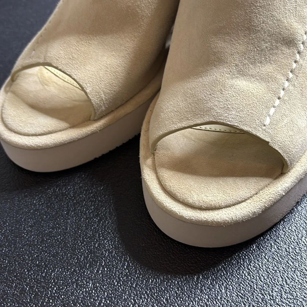 Free People Chunky Wedges Sandals Suede Tan Leather Slide Heel Shoes 8 1/2